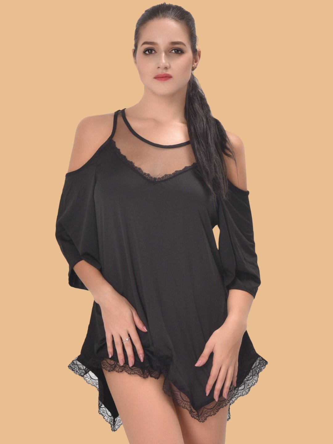 Women's Cold Shoulder Satin Nightdress – Black & Rose Pink