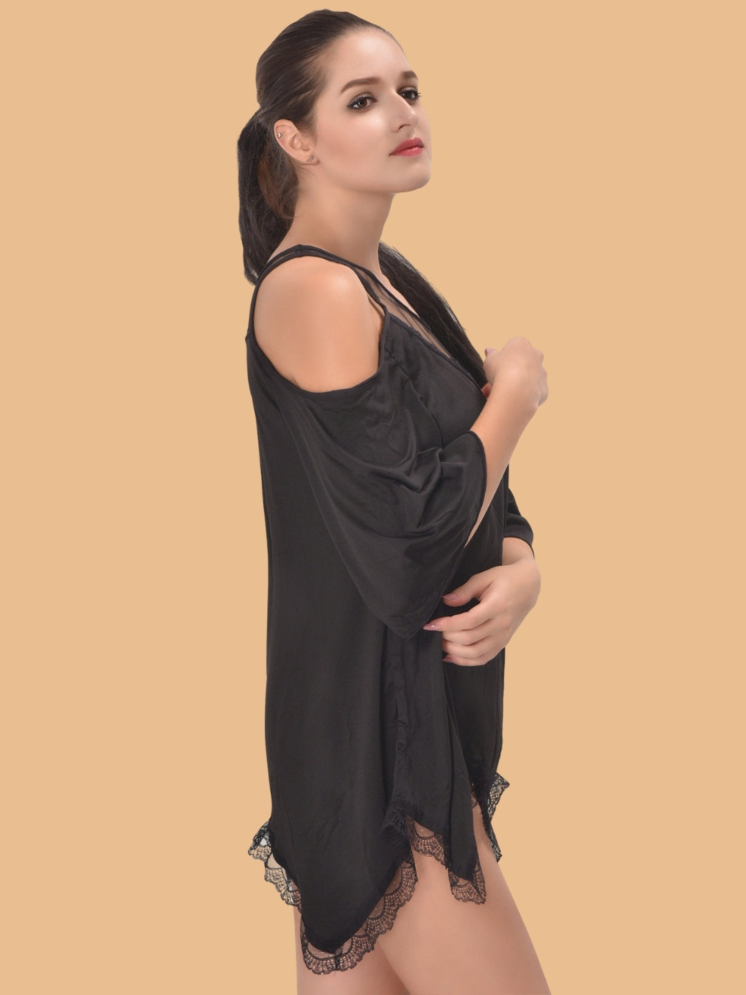 Women's Cold Shoulder Satin Nightdress – Black & Rose Pink