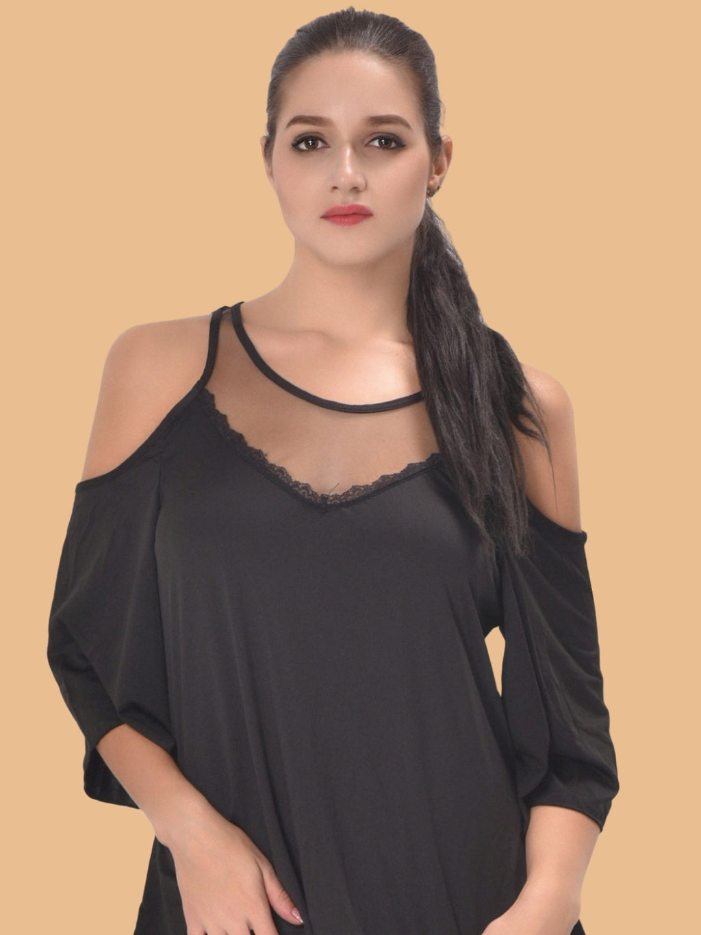 Women's Cold Shoulder Satin Nightdress – Black & Rose Pink