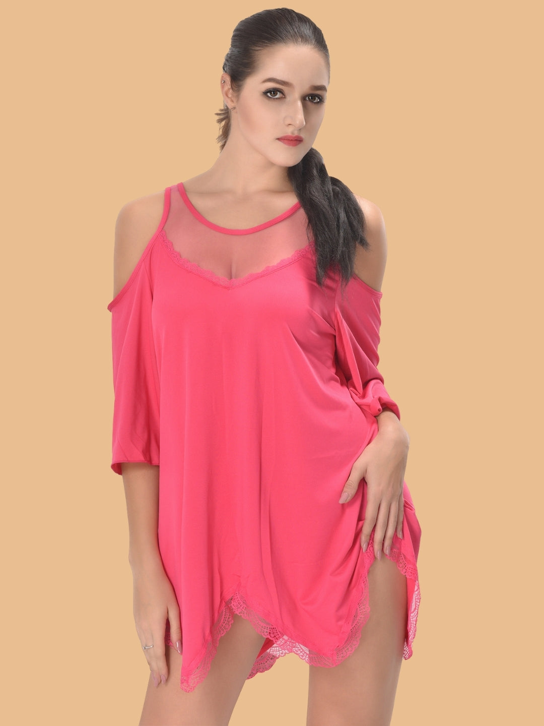 Women's Cold Shoulder Satin Nightdress – Black & Rose Pink