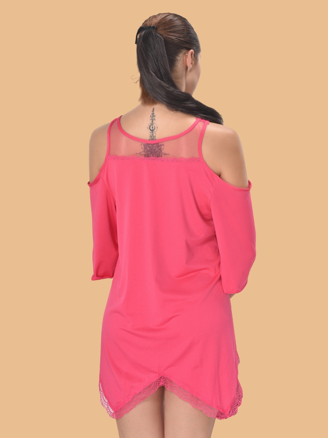 Women's Cold Shoulder Satin Nightdress – Black & Rose Pink