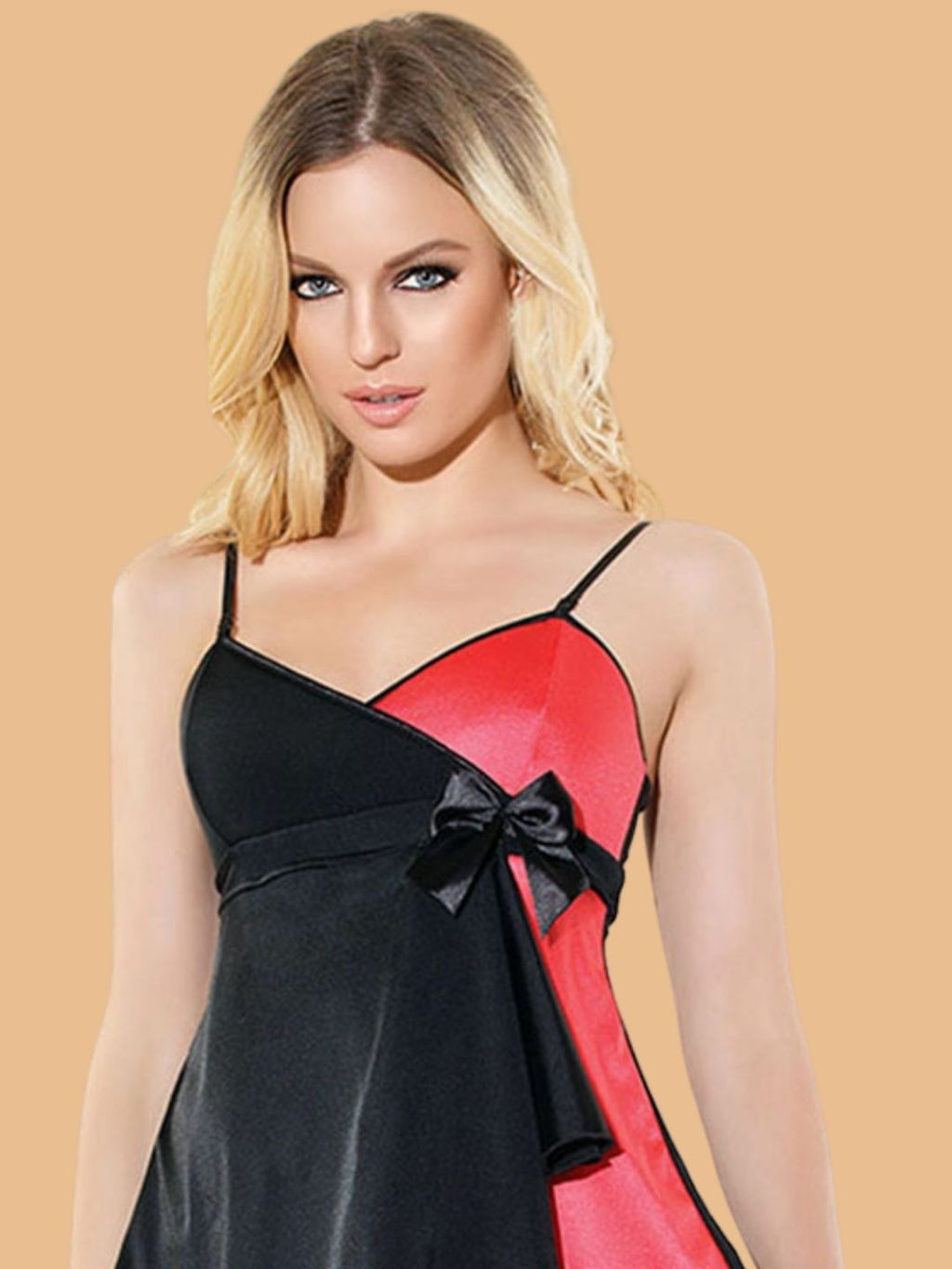 Women's Polyester Wrap Bow Nightdress - Black & Red