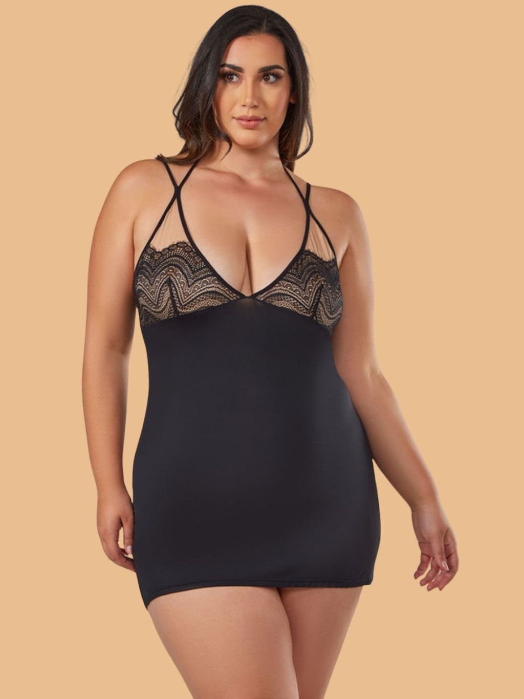 Women's Black Lace Bodice Chemise Nightdress With Cross Back Straps