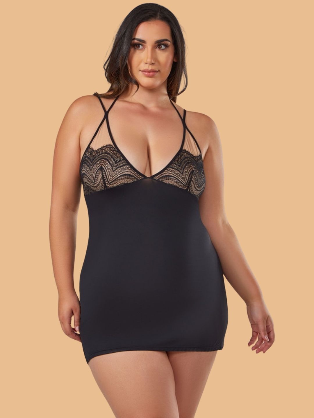 Women's Black Lace Bodice Chemise Nightdress With Cross Back Straps