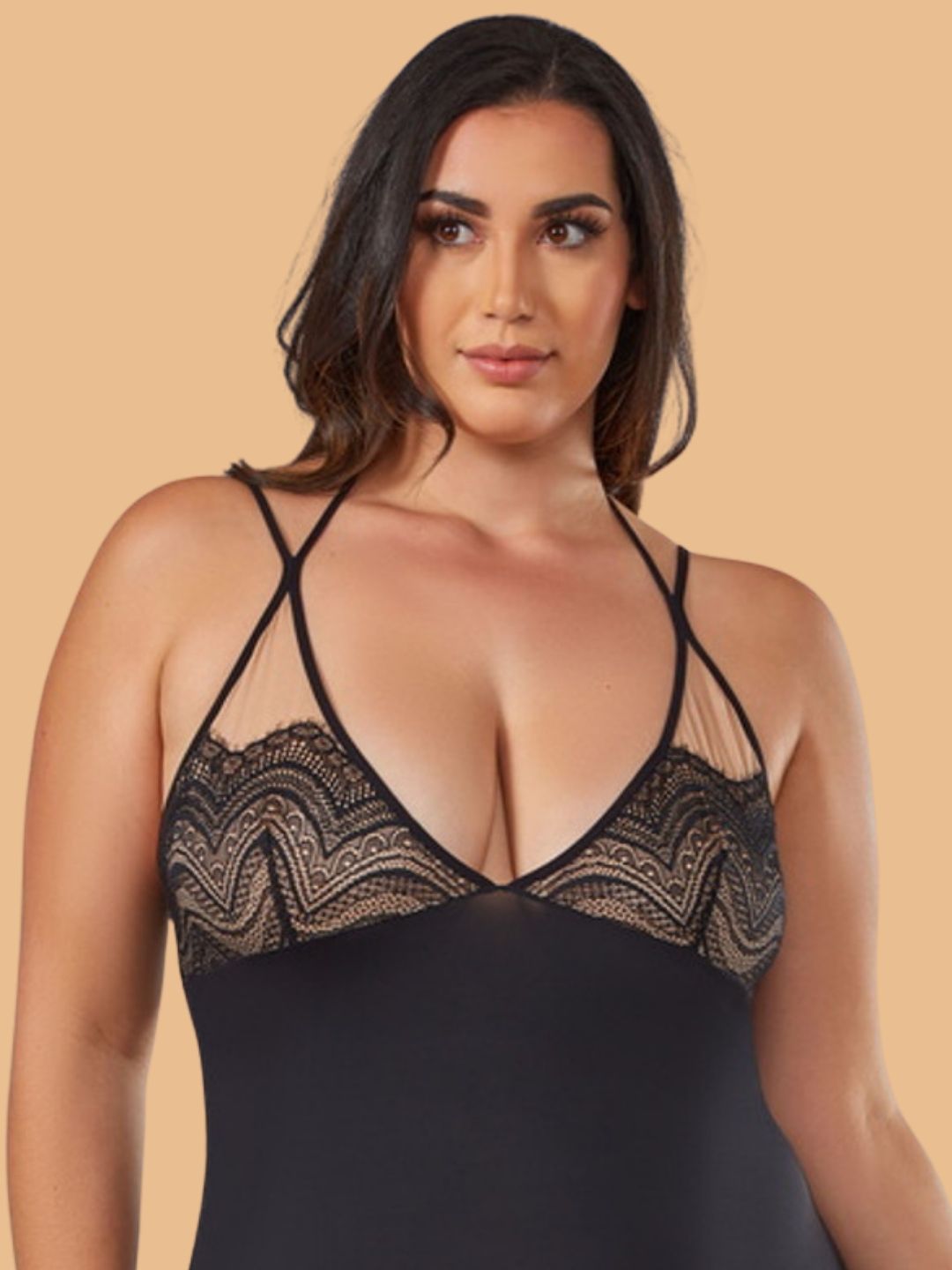 Women's Black Lace Bodice Chemise Nightdress With Cross Back Straps