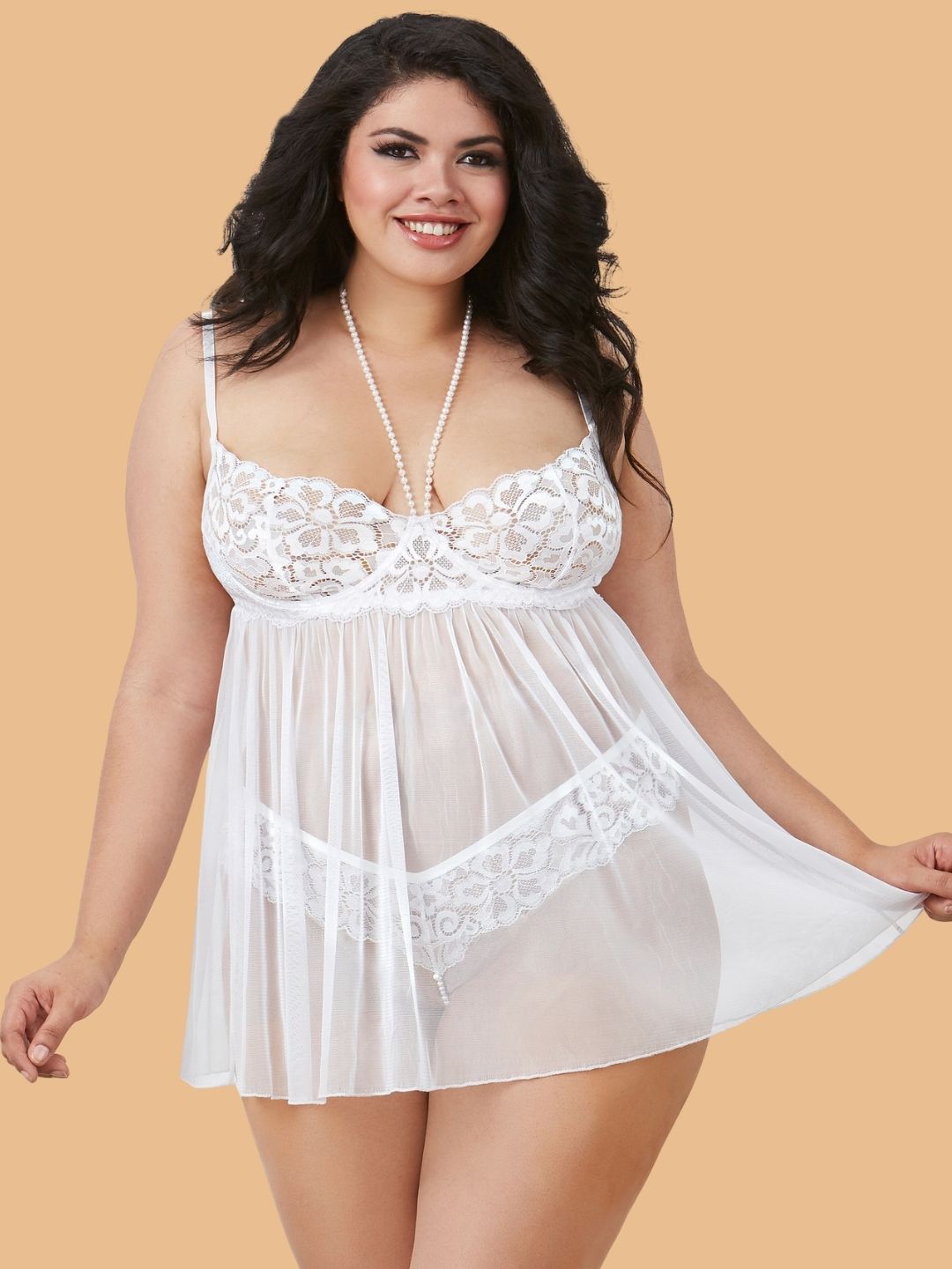 Women's White Floral Lace Nightdress With Brief – Plus Size S–3XL | ZerJAMA