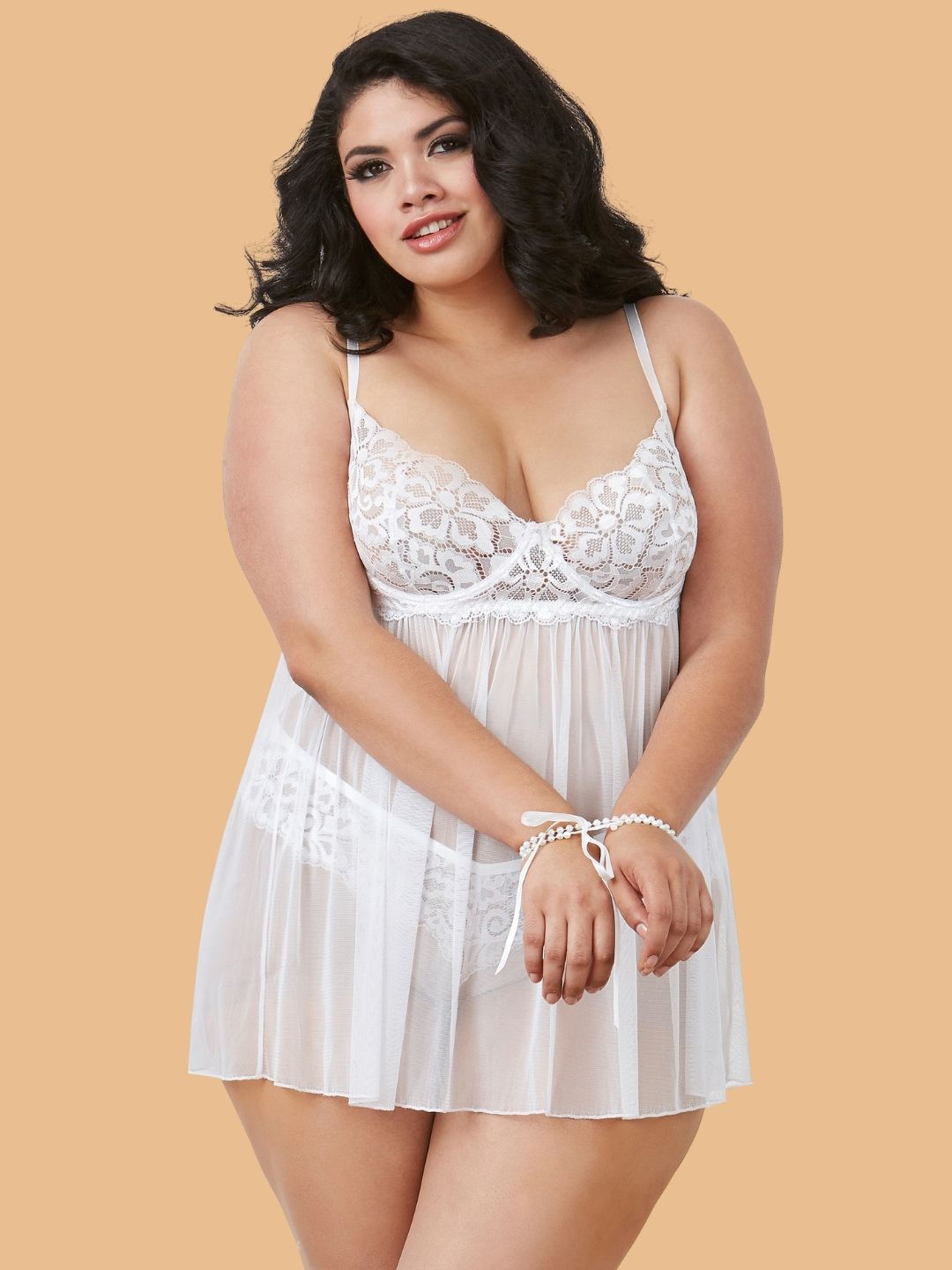 Women's White Floral Lace Nightdress With Brief – Plus Size S–3XL | ZerJAMA