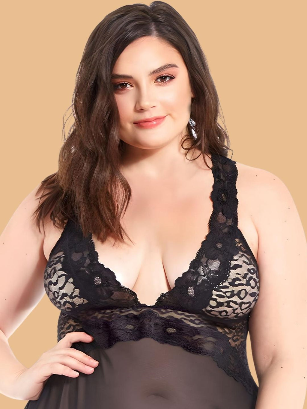 Women's Black Leopard Lace Nightdress With Brief – Plus Size S–3XL | ZerJAMA