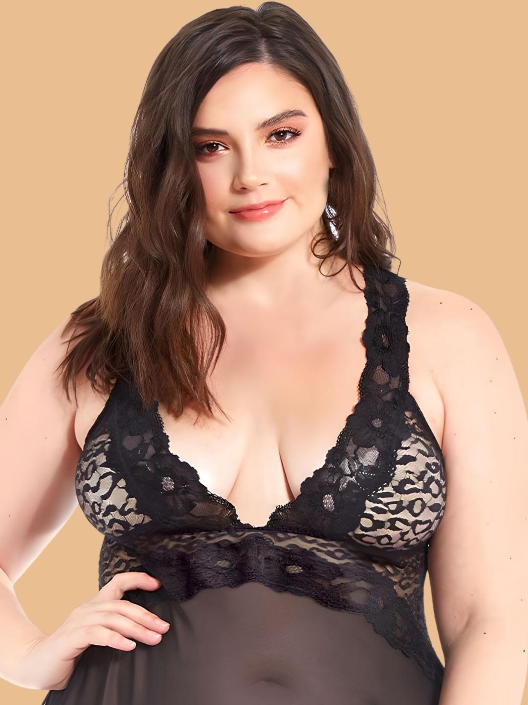 Women's Black Leopard Lace Nightdress With Brief – Plus Size S–3XL | ZerJAMA