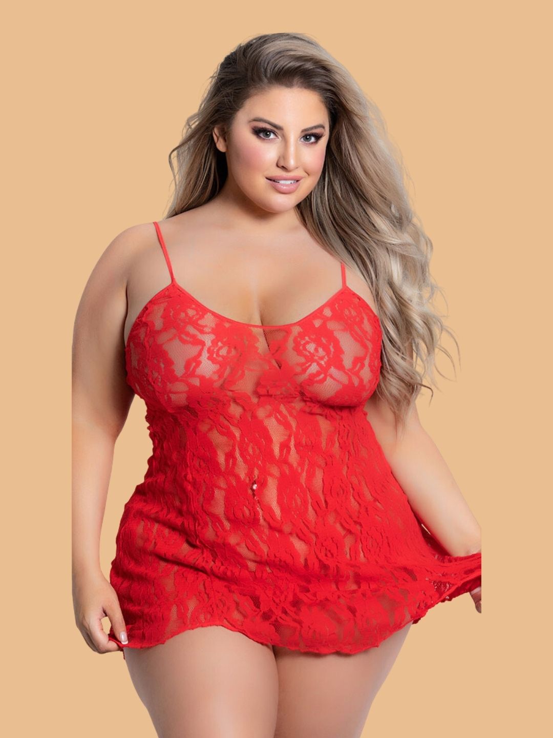 Plus Size Wire-Free Floral Lace Nightdress With Scalloped Hem