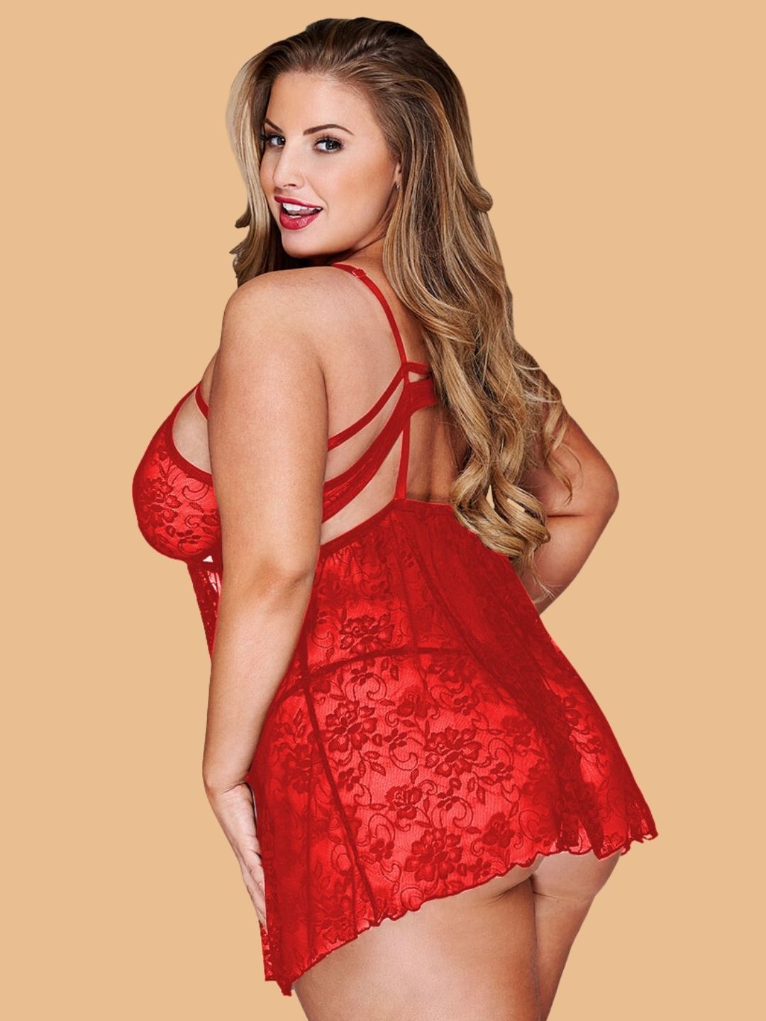 Plus Size Strappy Cut-Out Lace Nightdress With Open Front