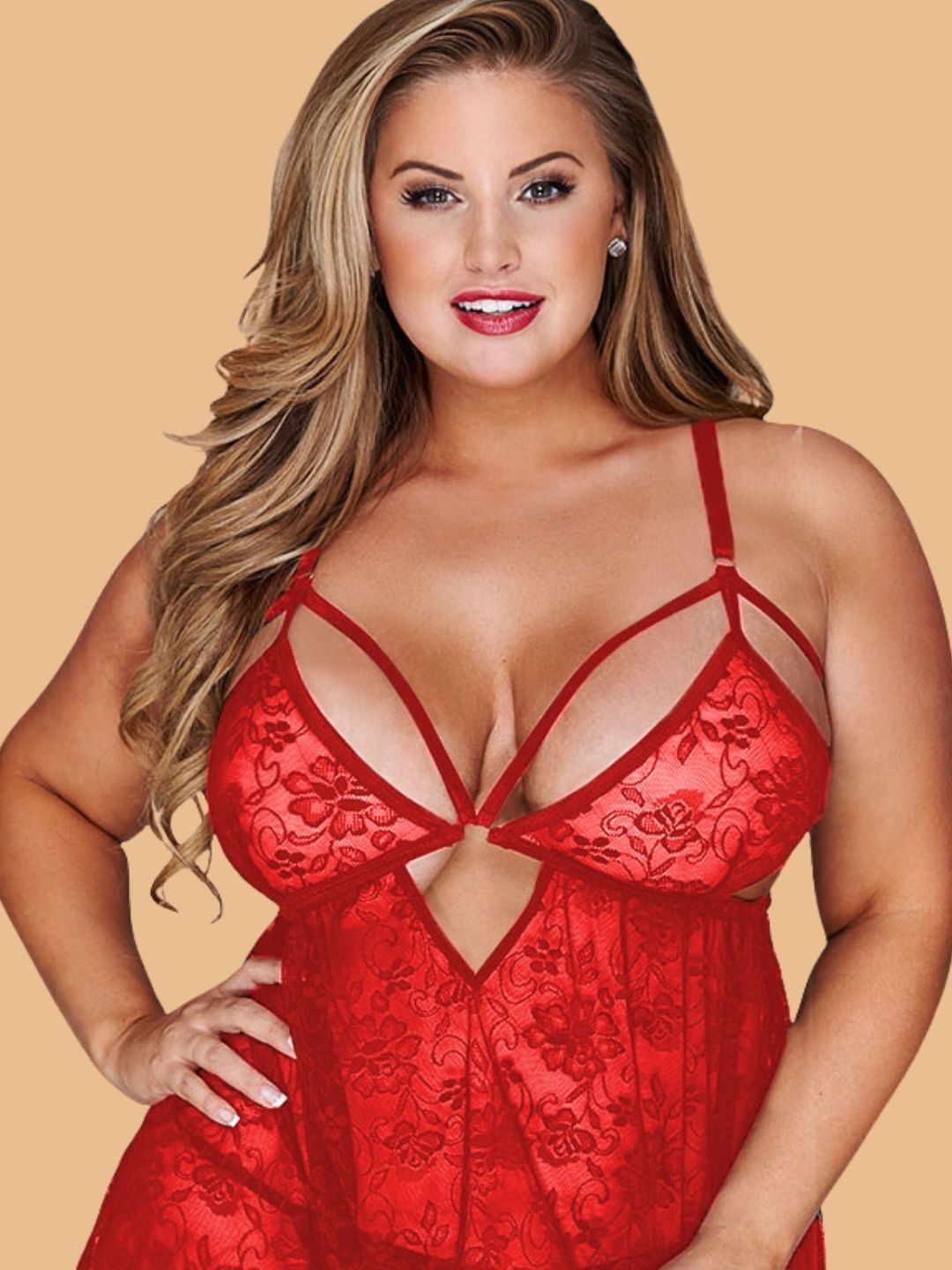 Plus Size Strappy Cut-Out Lace Nightdress With Open Front