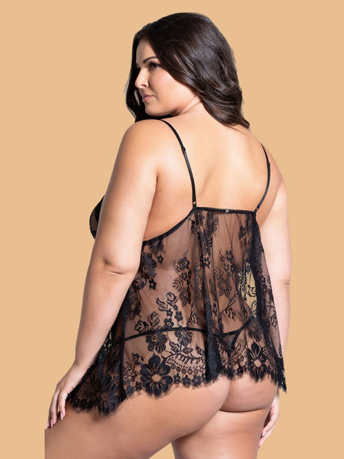 Plus Size Eyelash Lace Nightdress With Soft Cup & Scalloped Edge