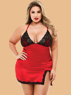 Plus Size Two-Tone Satin Lace Halter Nightdress