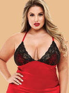 Plus Size Two-Tone Satin Lace Halter Nightdress