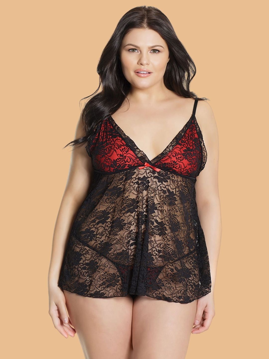 Plus Size Floral Lace Nightdress With Contrast Satin Bust