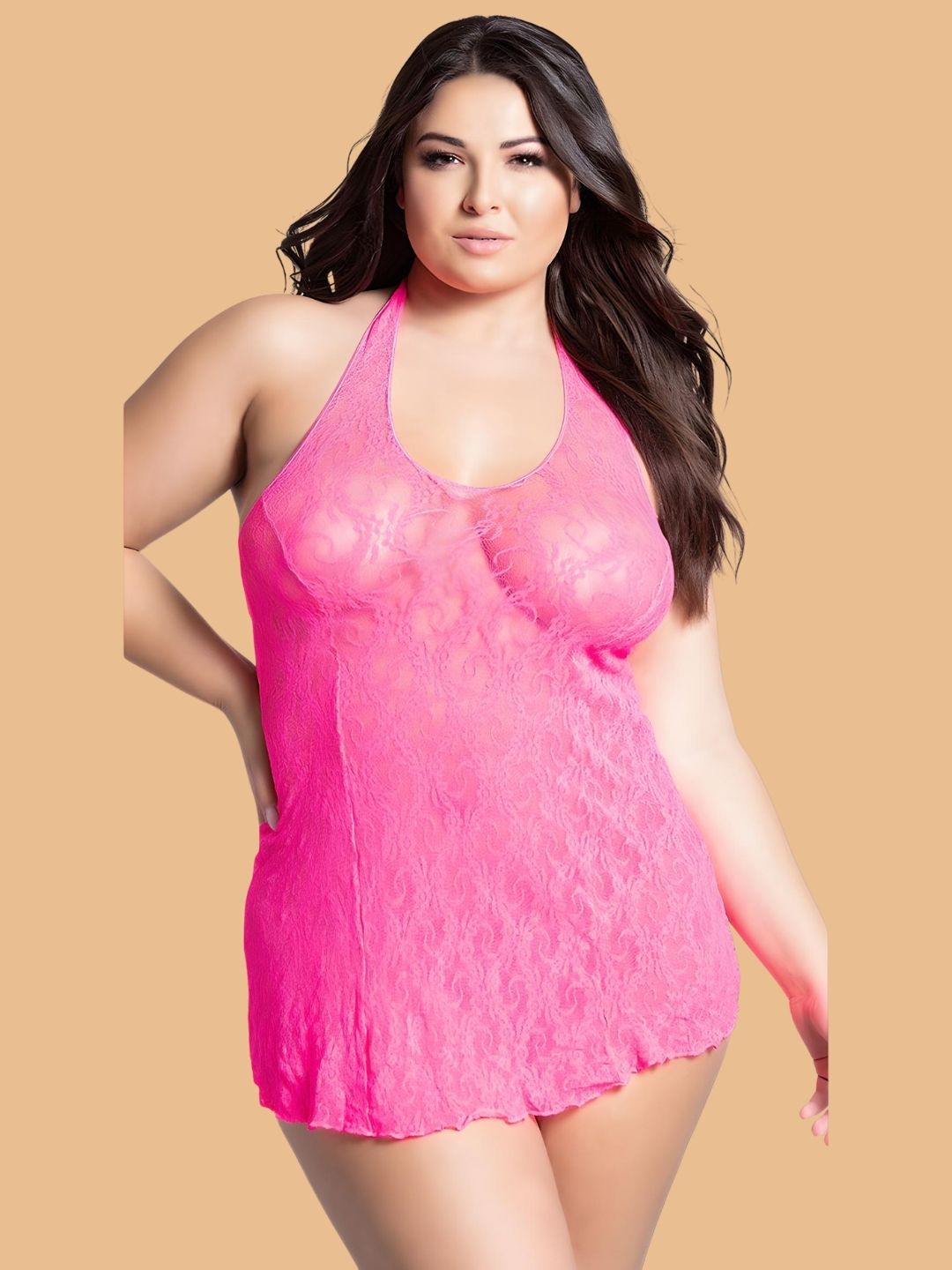 Plus Size Scroll Lace Scoop Neck Nightdress