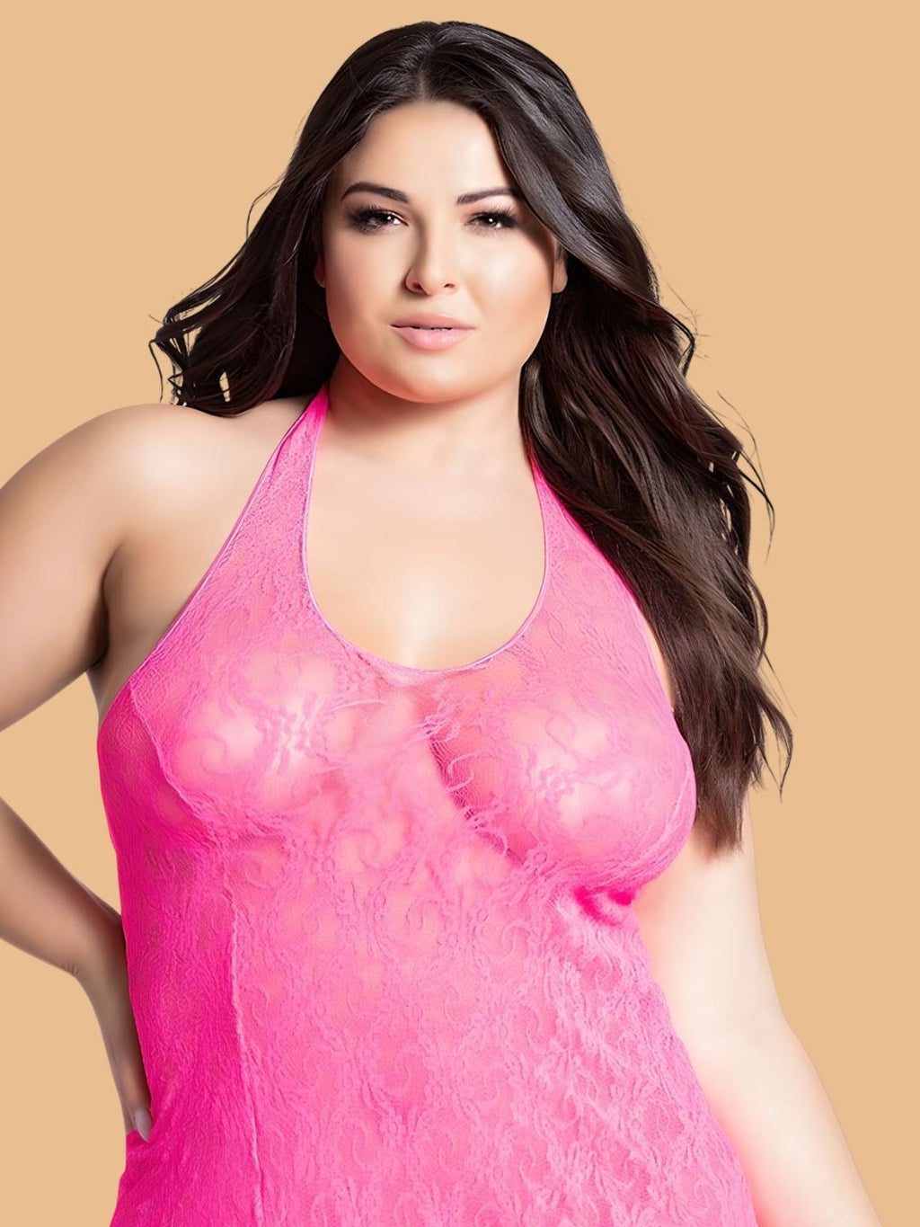 Plus Size Scroll Lace Scoop Neck Nightdress