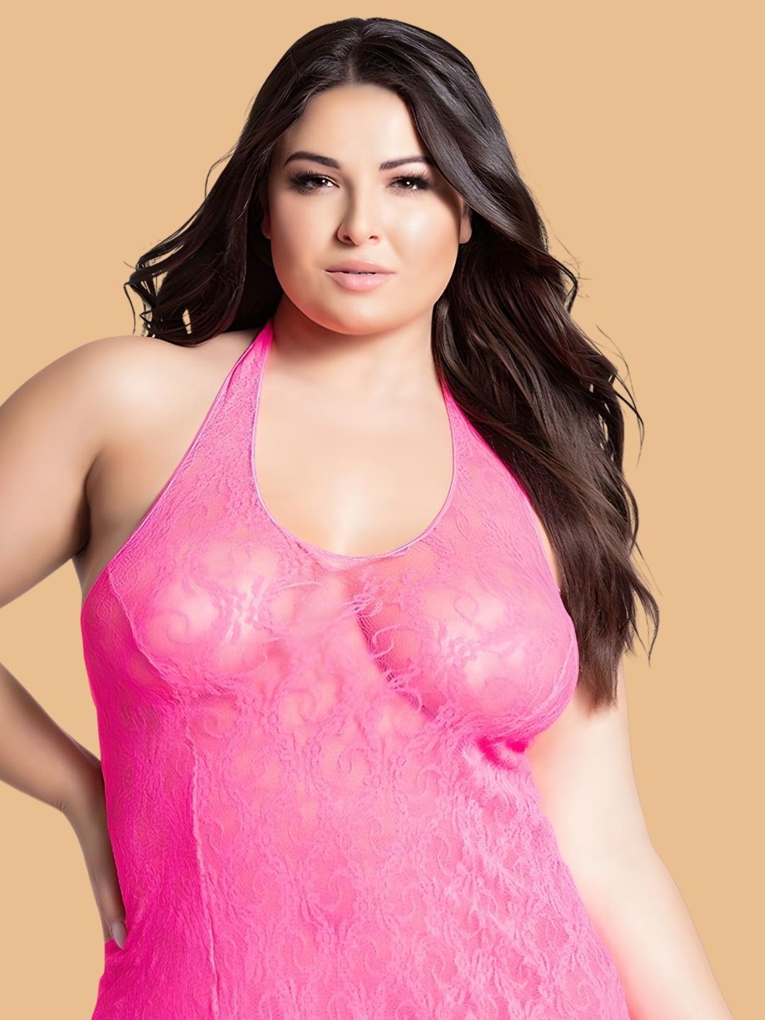Plus Size Scroll Lace Scoop Neck Nightdress