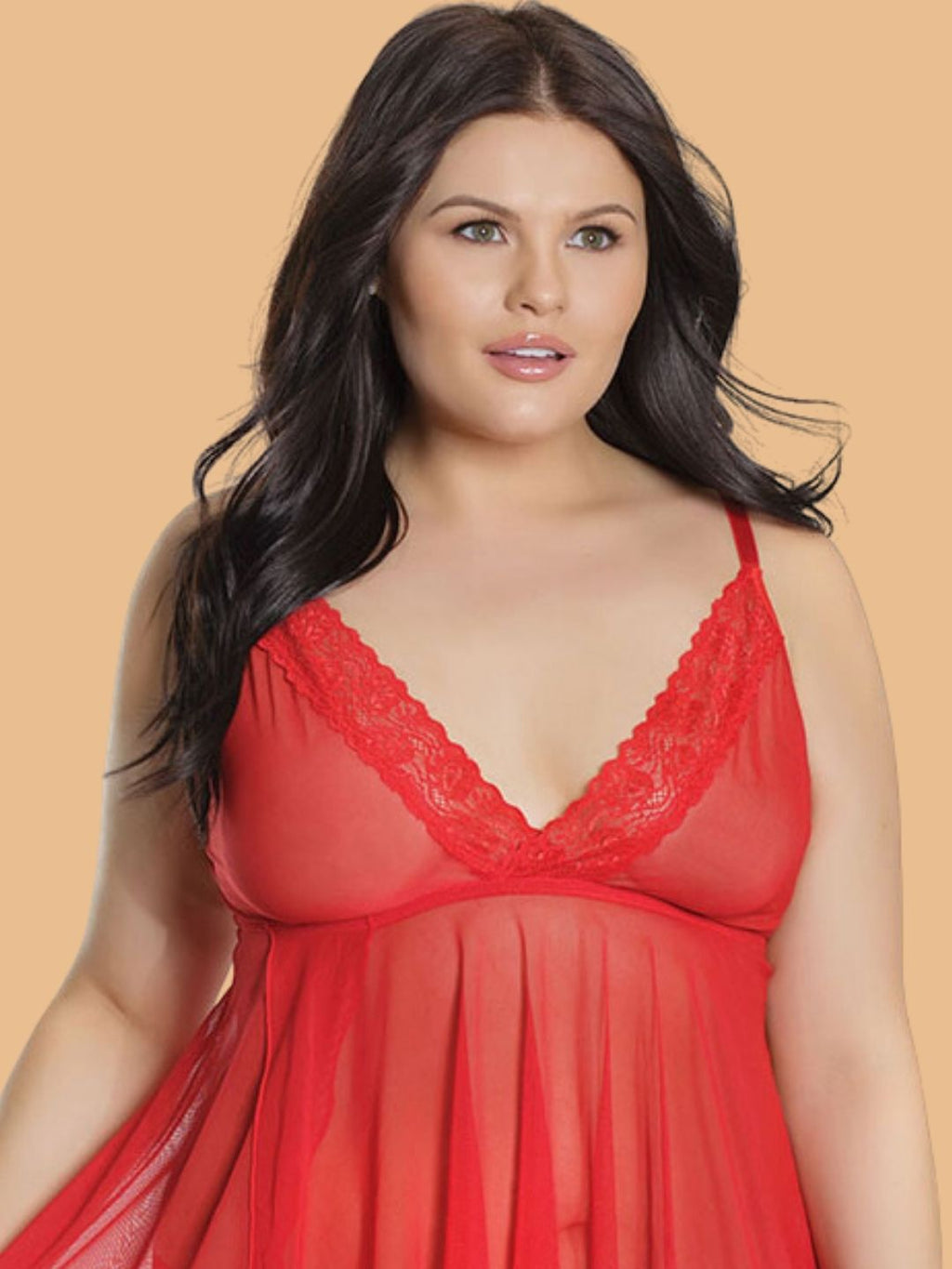 Plus Size V-Neck Lace Nightdress – Red
