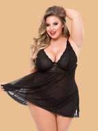 Plus Size V-Neck Lace Nightdress With Open-Front Skirt