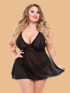 Plus Size V-Neck Lace Nightdress With Open-Front Skirt