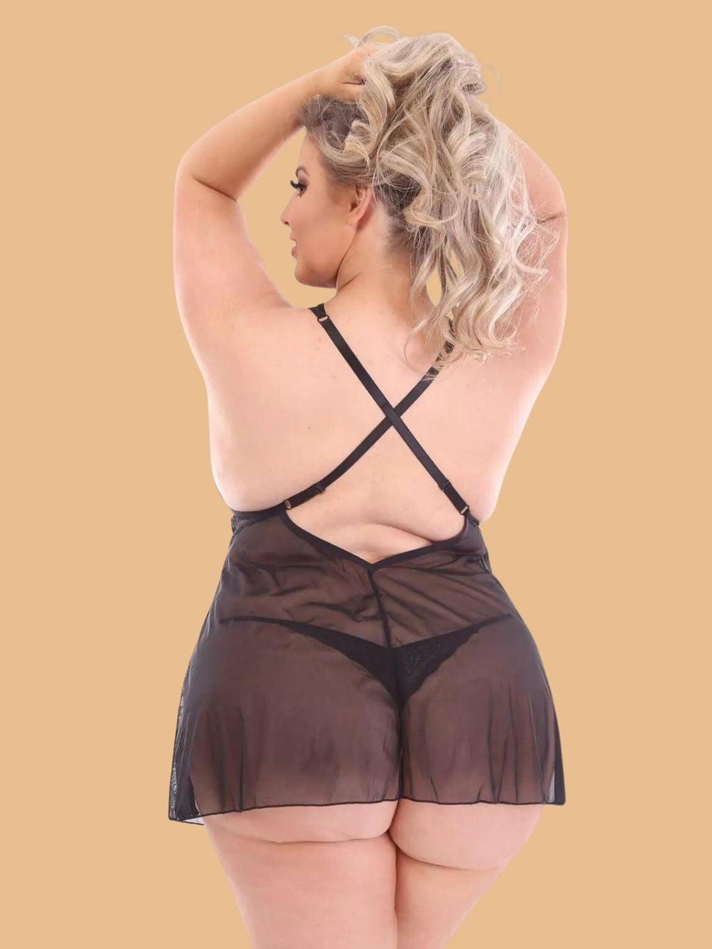 Plus Size Floral Lace Cup Halter Nightdress With Mesh Skirt