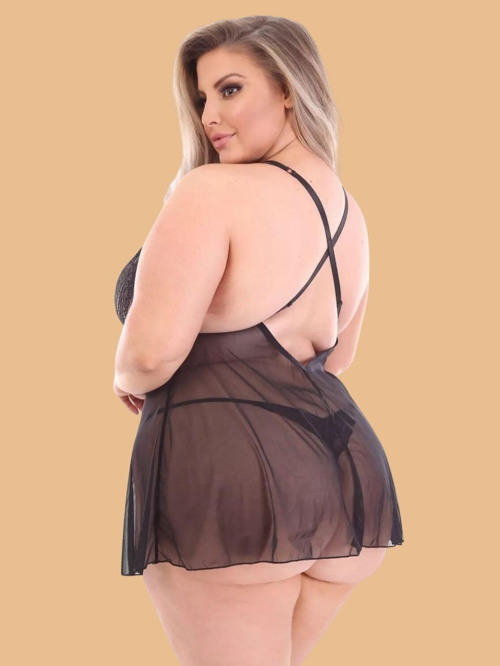 Plus Size Floral Lace Cup Halter Nightdress With Mesh Skirt