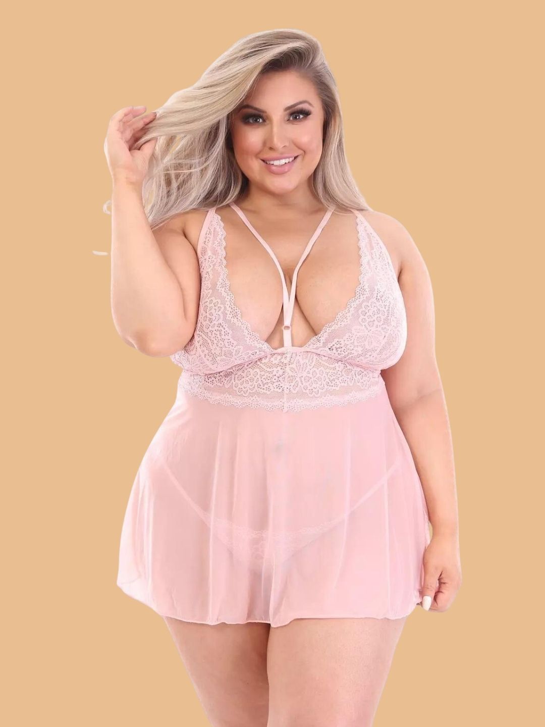 Plus Size Floral Lace Cup Halter Nightdress With Mesh Skirt