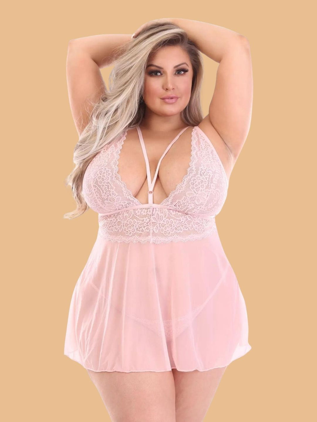 Plus Size Floral Lace Cup Halter Nightdress With Mesh Skirt