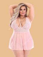 Plus Size Floral Lace Cup Halter Nightdress With Mesh Skirt