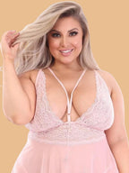 Plus Size Floral Lace Cup Halter Nightdress With Mesh Skirt