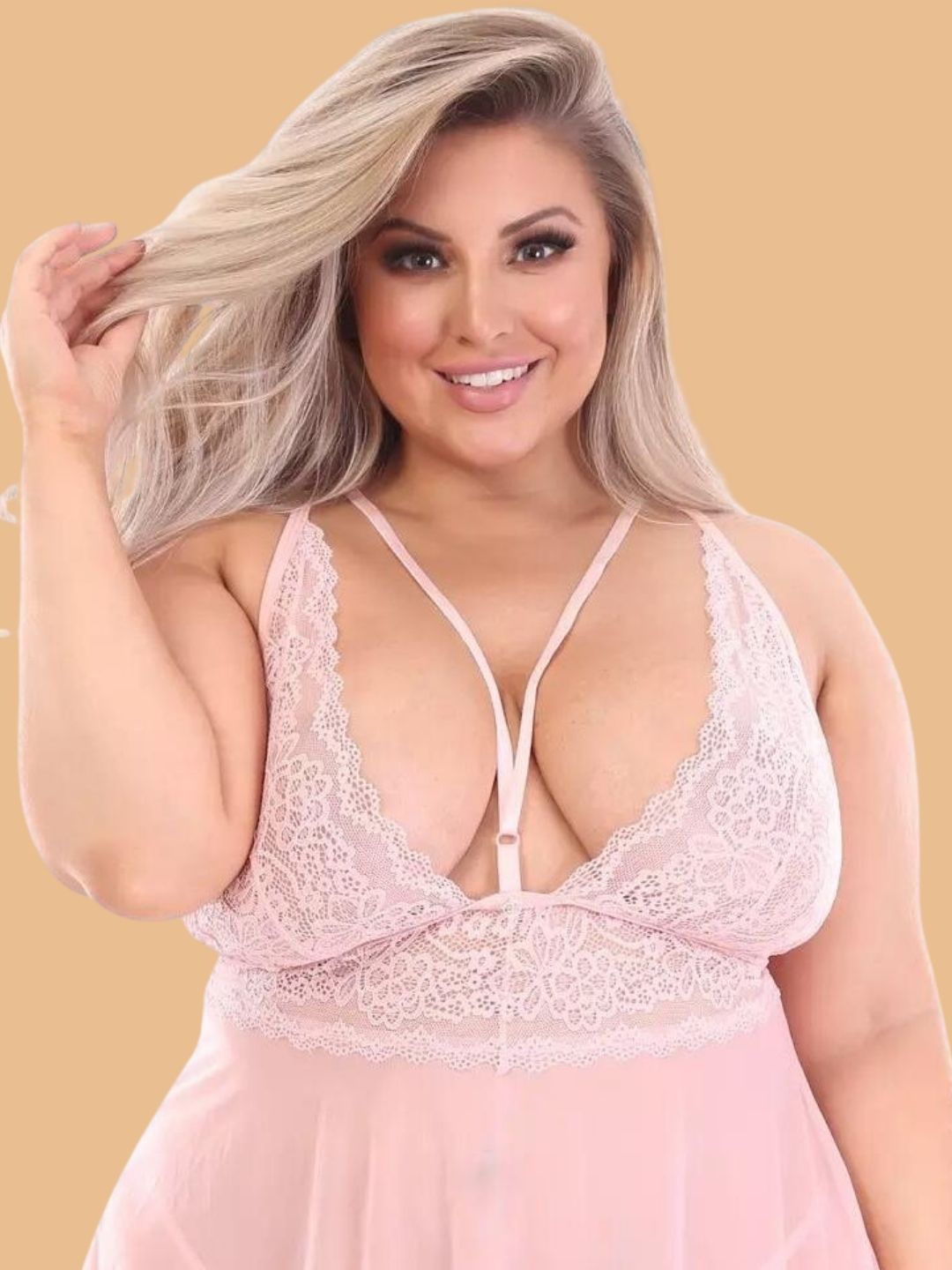 Plus Size Floral Lace Cup Halter Nightdress With Mesh Skirt