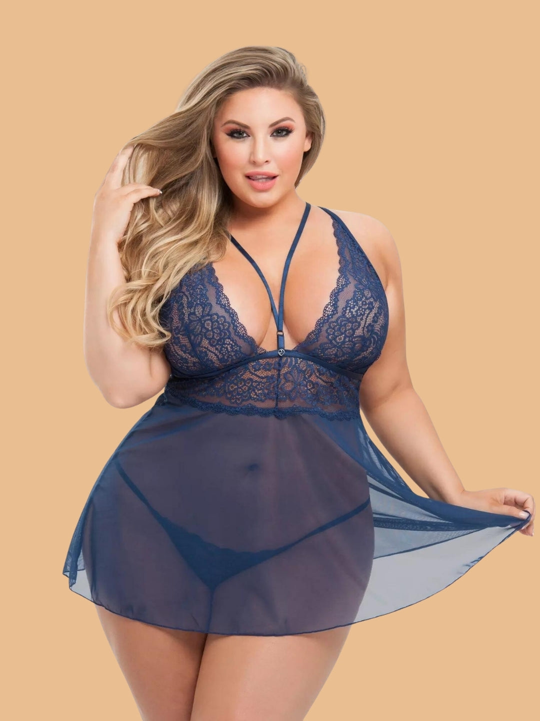 Plus Size Floral Lace Cup Halter Nightdress With Mesh Skirt