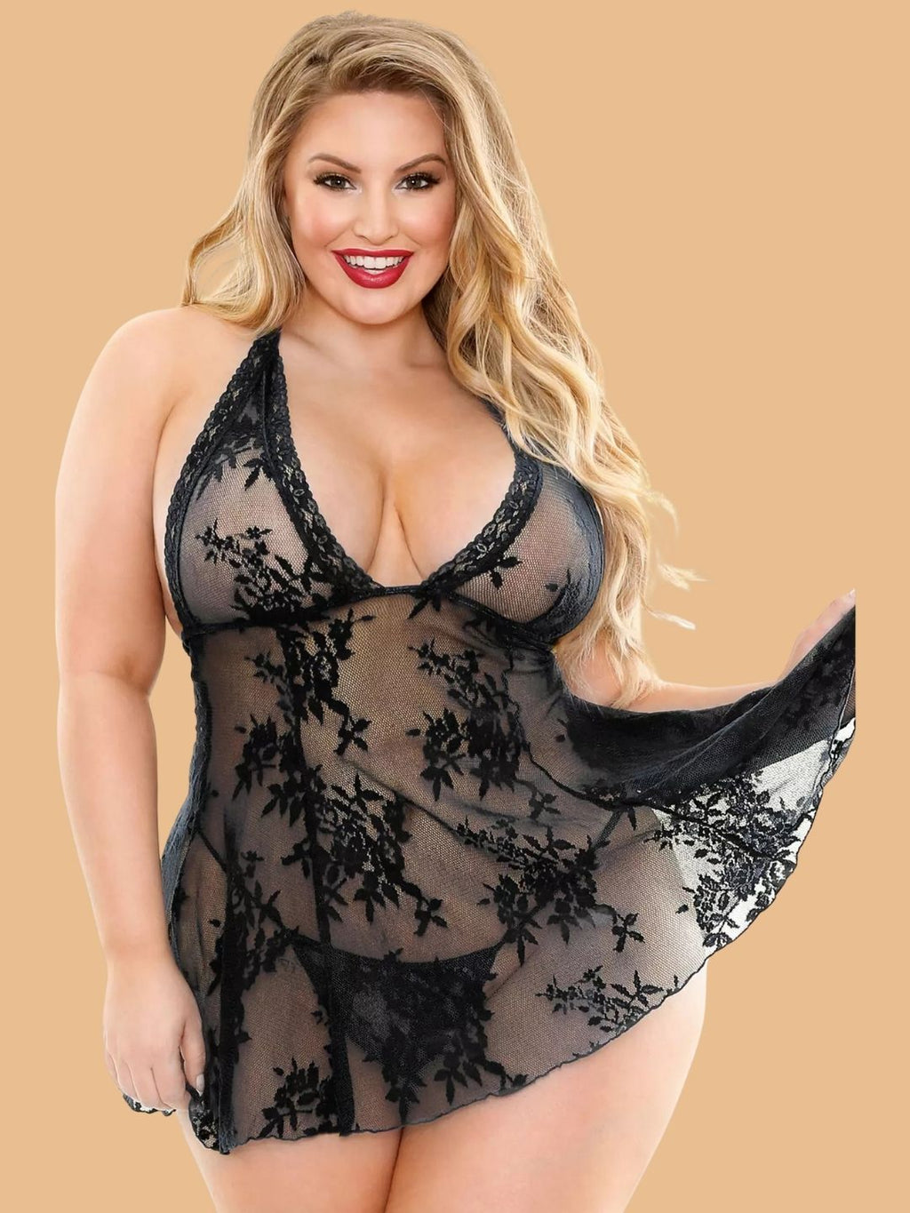 Plus Size Floral Lace Halter Neck Nightdress