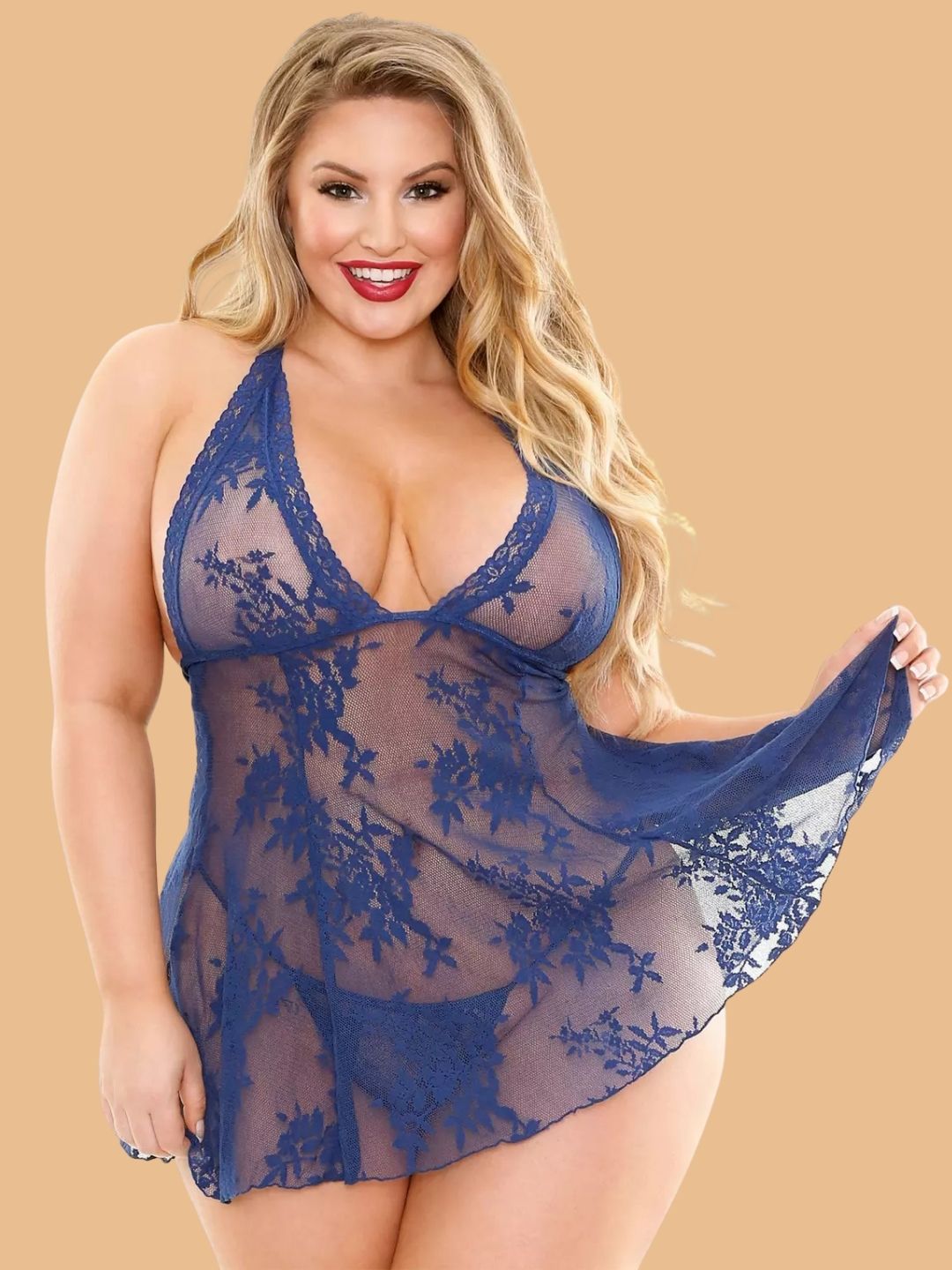 Plus Size Floral Lace Halter Neck Nightdress