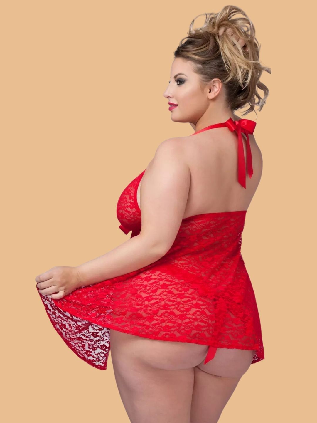 Plus Size Plunge Halter Neck Lace Nightdress