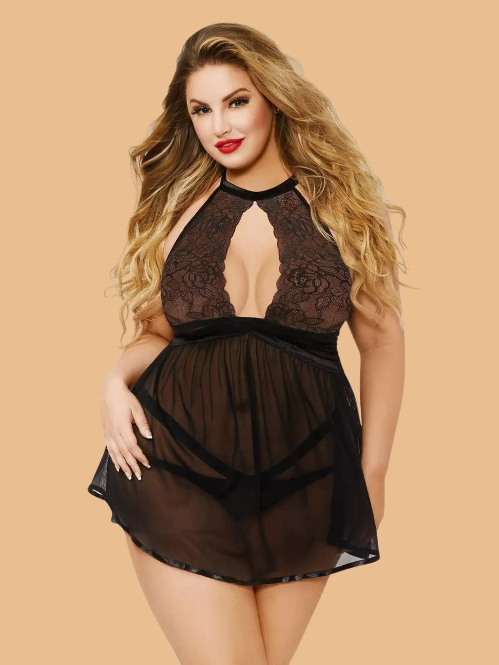 Plus Size Halter Neck Lace Nightdress With Keyhole