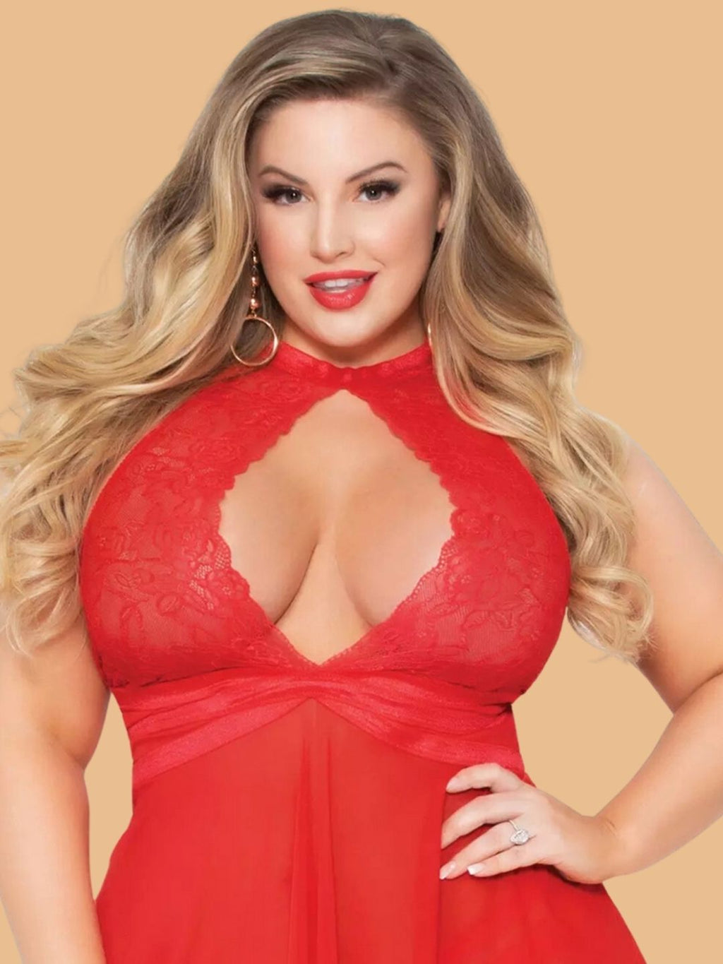 Plus Size Halter Neck Lace Nightdress With Keyhole