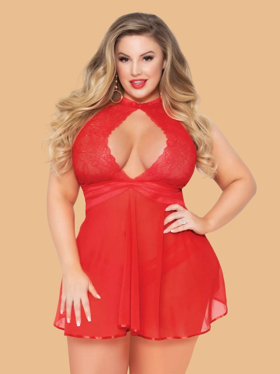 Plus Size Halter Neck Lace Nightdress With Keyhole