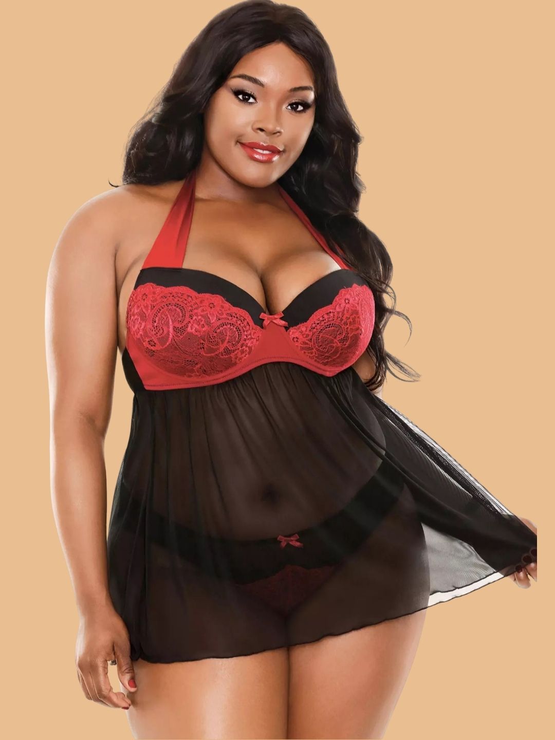 Plus Size Halter Neck Lace Nightdress