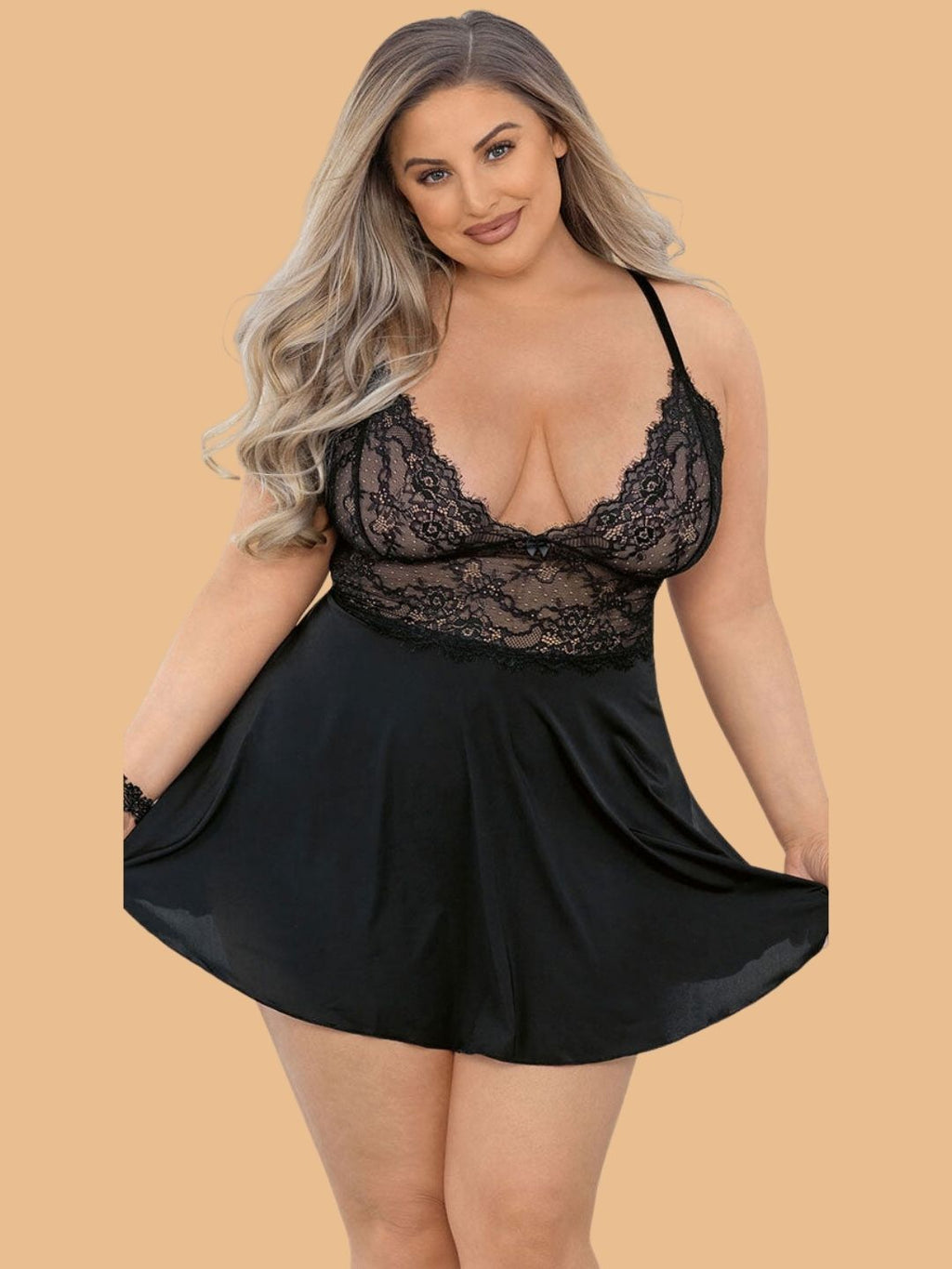 Women's Black Lace & Satin Nightdress – Plus Size S–3XL | ZerJAMA
