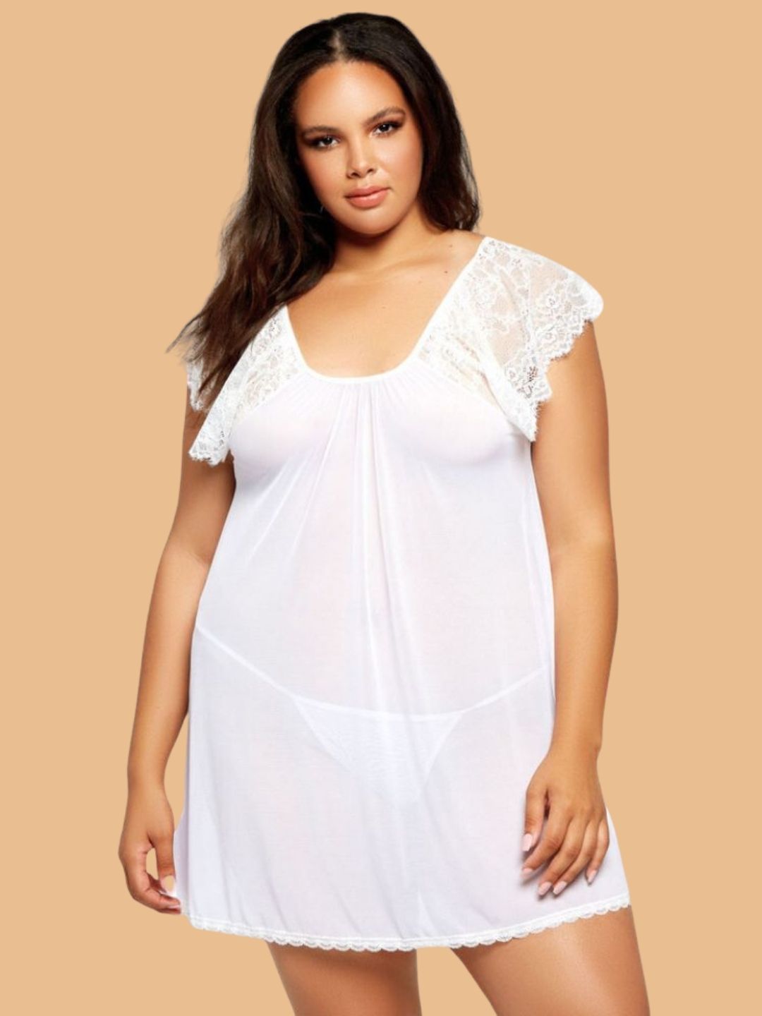 Women's White Lace Flutter Sleeve Nightdress – Plus Size S–3XL | ZerJAMA