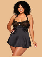 Women's Black Floral Lace Bust Satin Nightdress With Halter Neck – Plus Size S–3XL | ZerJAMA