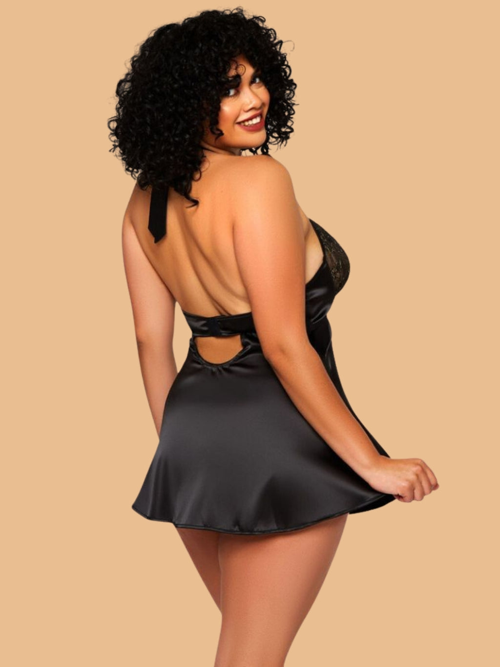 Women's Black Floral Lace Bust Satin Nightdress With Halter Neck – Plus Size S–3XL | ZerJAMA