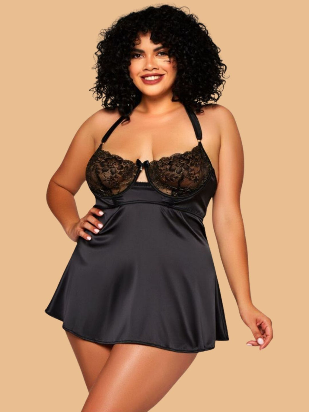 Women's Black Floral Lace Bust Satin Nightdress With Halter Neck – Plus Size S–3XL | ZerJAMA