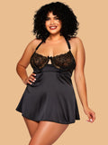 Women's Black Floral Lace Bust Satin Nightdress With Halter Neck – Plus Size S–3XL | ZerJAMA