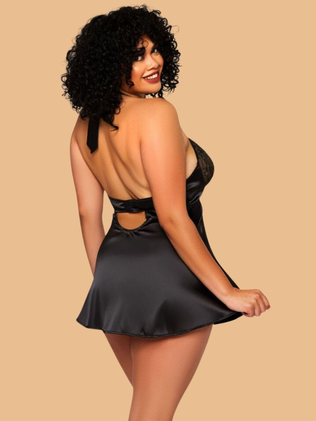 Women's Black Floral Lace Bust Satin Nightdress With Halter Neck – Plus Size S–3XL | ZerJAMA