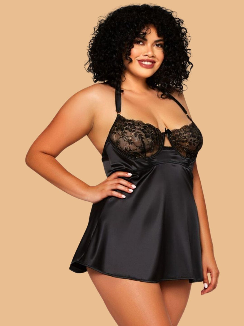 Women's Black Floral Lace Bust Satin Nightdress With Halter Neck – Plus Size S–3XL | ZerJAMA