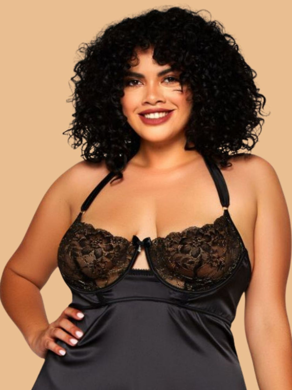 Women's Black Floral Lace Bust Satin Nightdress With Halter Neck – Plus Size S–3XL | ZerJAMA